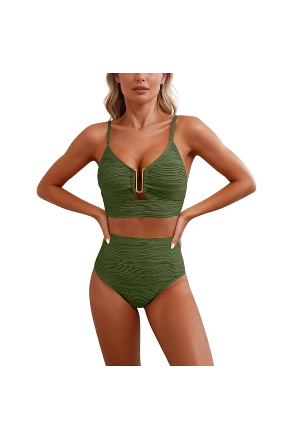 2 Piece Bikini Set U-Wire Cutout Popular Swimsuit High Waisted Textured 2026 Summer Beach Swim Bathing Suits