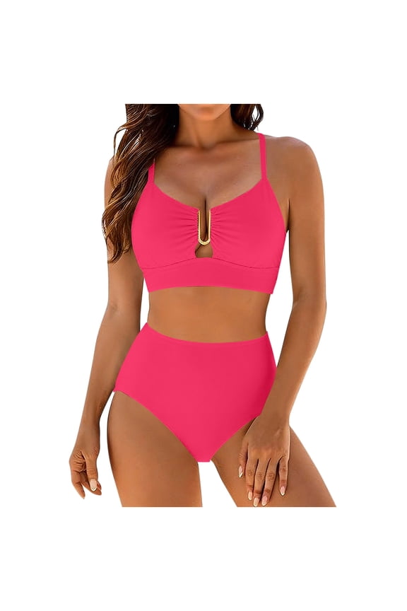 2 Piece Bikini Set U-Wire Cutout Popular Swimsuit High Waisted Textured 2026 Summer Beach Swim Bathing Suits