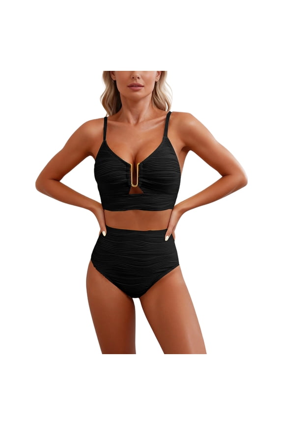 2 Piece Bikini Set U-Wire Cutout Popular Swimsuit High Waisted Textured 2026 Summer Beach Swim Bathing Suits