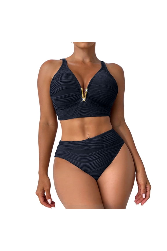 2 Piece Bikini Set V-Wire Cutout Swimsuit High Waisted Textured 2026 Summer Beach Swim Bathing Suits,Womens Deep V Modest Full Coverage Textured Bathing Suit