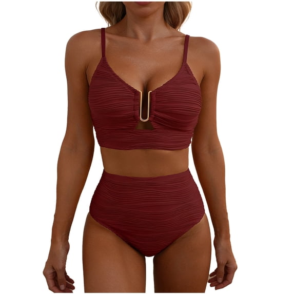 2 Piece Bikini Set for Women U-Wire Cutout Popular Swimsuit High Waisted Textured Bathing Suit Crisscross Ruched Swimsuits Beach Coverup Vacation Clothes 2026 Summer Beach Swim