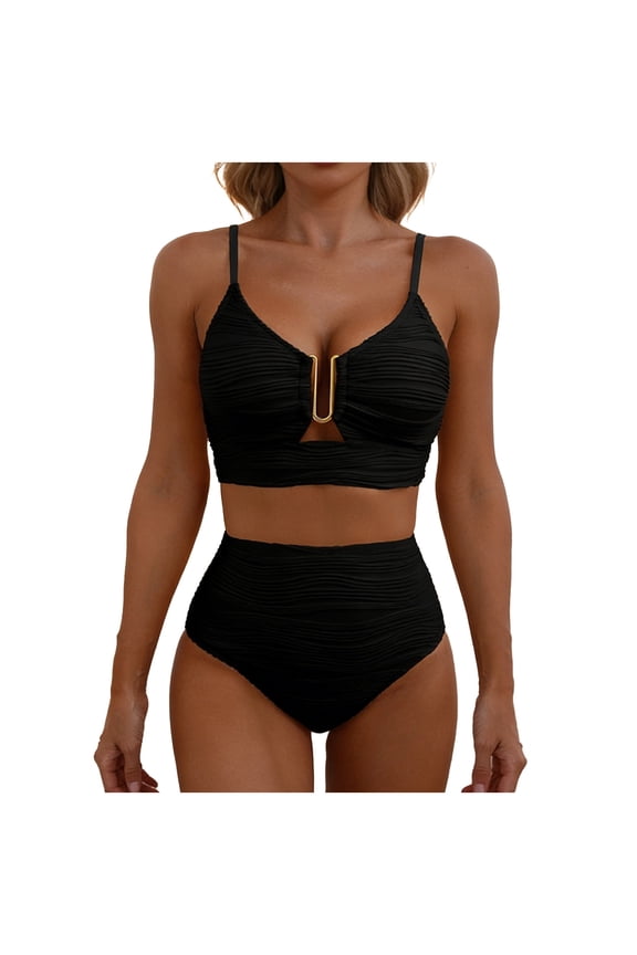 2 Piece Bikini Sets U-Wire Cutout Swimsuit High Waisted Textured 2026 Summer Beachwear Tummy Control Bathing Suits