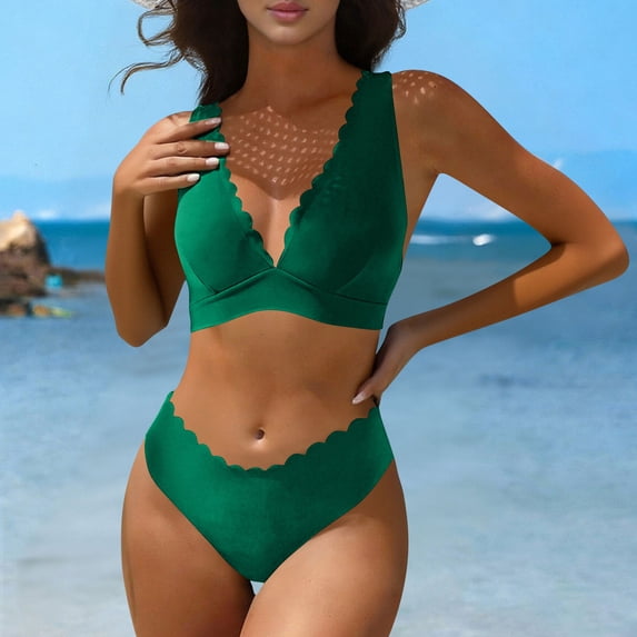 2 Piece Bikini Sets for Women Scalloped Trim V Neck Crop Top High Waisted Bathing Suits Laser Cut Edges Flattering Beach Swimwear