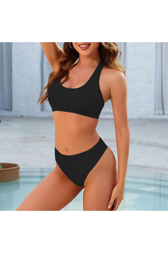 2 Piece Bikini Sets for Women Scoop Neck Halter Top High Waisted Bottom Bathing Suits Wide Straps Tummy Control Sporty Swimsuits