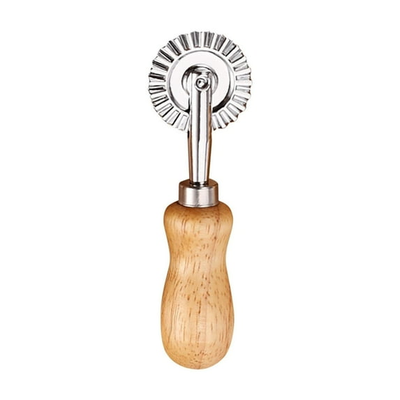 2-Piece Biscuit and Pizza Cutter Set with Wooden Handle - Small Scalloped Edge Wheel for Pastry, Ravioli, and Dumpling Making - Short Handle Small Size