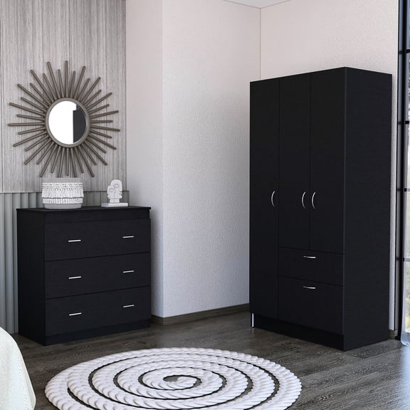 2 Piece Black Bedroom Furniture Set - Secure Interlocking Mechanism for DIY - Full Bedroom Decor - Durable Wood Build