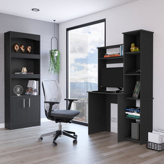 2 Piece Black Office Set Bookcase and Desk with Pre - drilled Holes to Avoid Assembly Mistakes in Small Workspaces