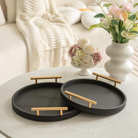 MODE HOME 2 Piece Black Round Serving Tray with Handles, Woven-Texture Faux Leather Ottoman Tray for Living Room, Decorative Tray for Coffee Table Home Decor