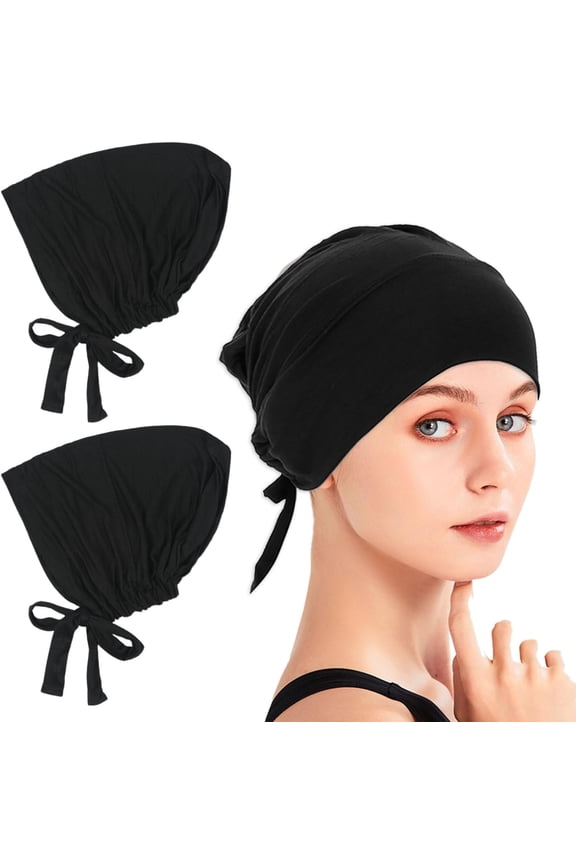 2-Piece Black Women's Breathable Adjustable Muslim Hijab Under Cap