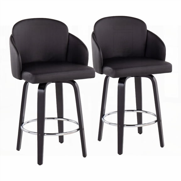 2-Piece Black Wood & Faux Leather Counter Stools with Round Chrome Footrest - Contemporary Style
