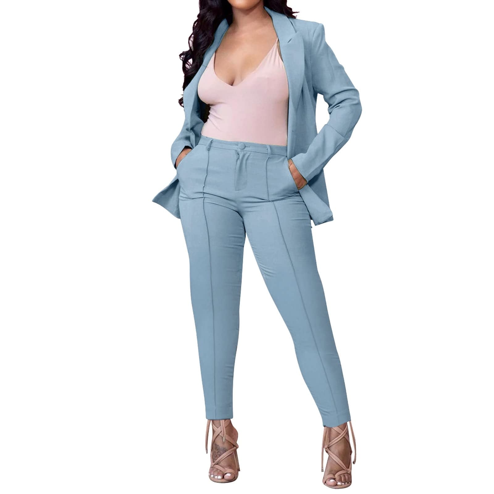 One Button Blazer + Mid-High Rise Flare Trousers Suit Pantsuit Light Blue  For Females