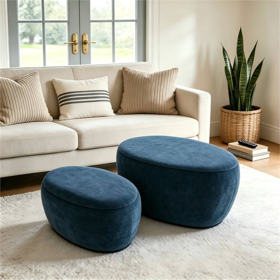 2 Piece Blue Chenille Nesting Storage Ottoman Set with Hidden Storage Oval Coffee Table Footstool Solid Wood Frame