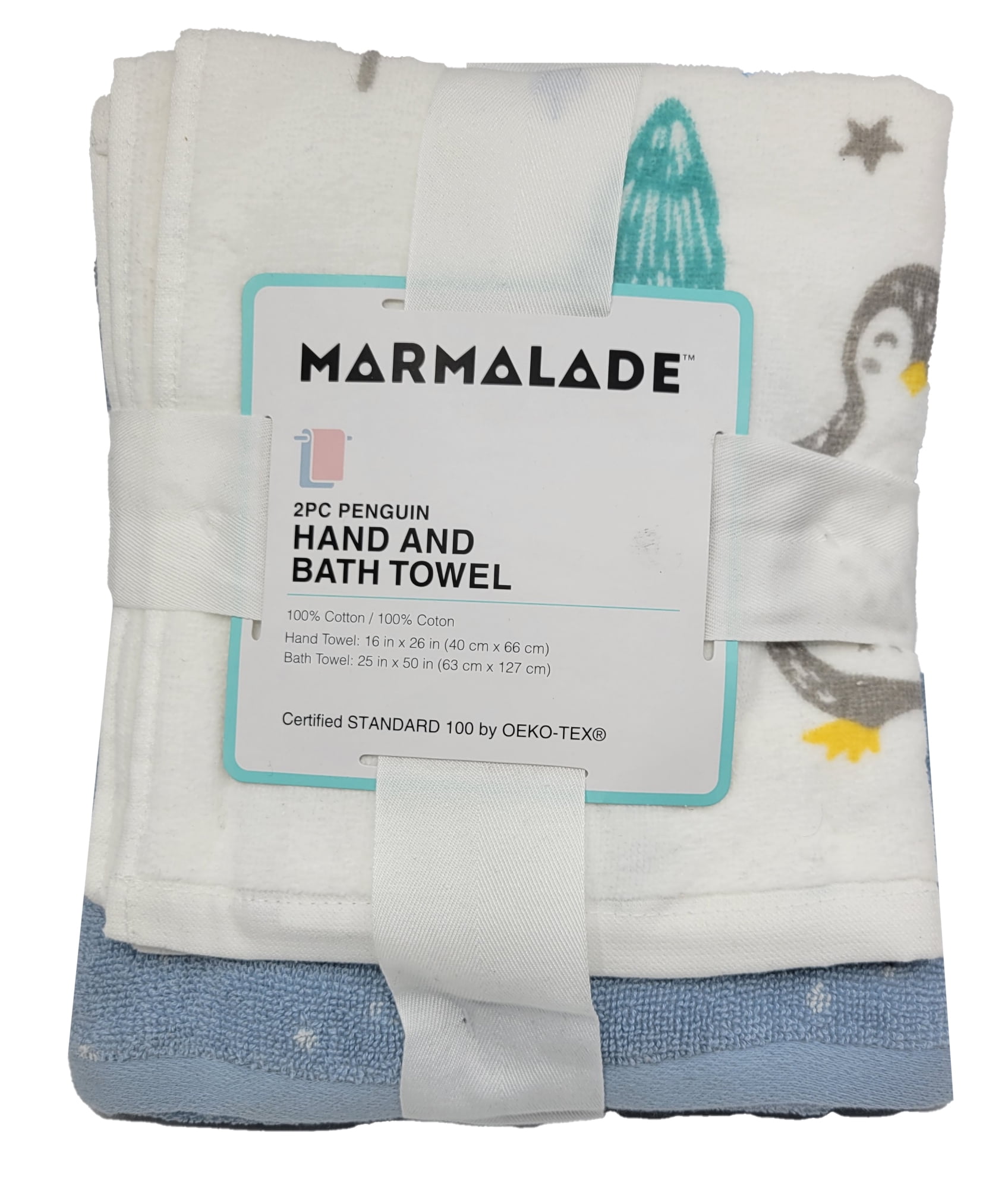 2 Piece Blue Penguin Hand and Bath Towel Set, Cotton, by Marmalade