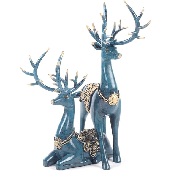 2-Piece Blue Resin Sika Deer Ornaments, Modern Style Hand-Painted Home Decor Figurines, Tabletop Sculpture for Living Room, Office Desktop, Bookshelf, TV Stand, Bedside Table