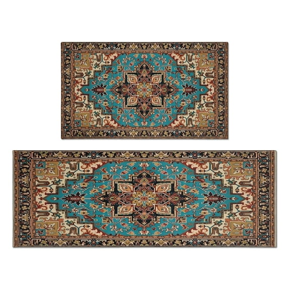 2 Piece Bohemian Brown Ethnic Rug Rug Kitchen Rug Set, Decor Kitchen Rugs, Absorbent Non-Slip Washable Floor Mats, Home Indoor Runner Rugs 17"x47"+17"x30"