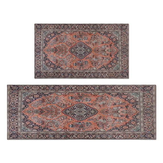 2 Piece Bohemian Brown Ethnic Rug Rug Kitchen Rug Set, Decor Kitchen Rugs, Absorbent Non-Slip Washable Floor Mats, Home Indoor Runner Rugs 17"x47"+17"x30"