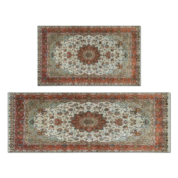 2 Piece Bohemian Brown Floral Carpet Rug Kitchen Rug Set, Decor Kitchen Rugs, Absorbent Non-Slip Washable Floor Mats, Home Indoor Runner Rugs 17"x47"+17"x30"
