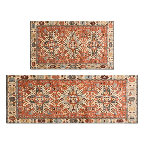 2 Piece Bohemian Farmhouse Orange Vintage Rug Kitchen Rug Set, Decor Kitchen Rugs, Absorbent Non-Slip Washable Floor Mats, Home Indoor Runner Rugs 17"x47"+17"x30"