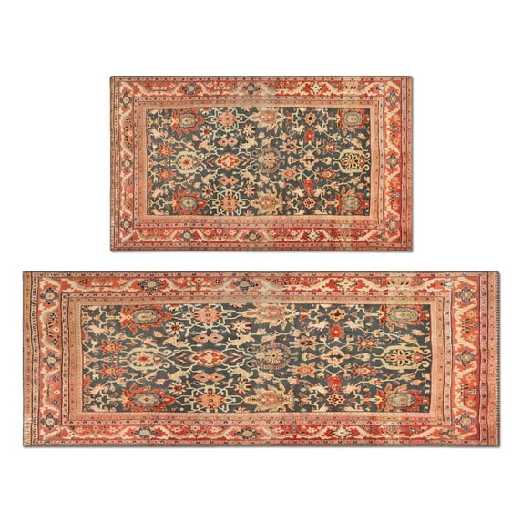 2 Piece Bohemian Farmhouse Orange Vintage Rug Kitchen Rug Set, Decor Kitchen Rugs, Absorbent Non-Slip Washable Floor Mats, Home Indoor Runner Rugs 17"x47"+17"x30"