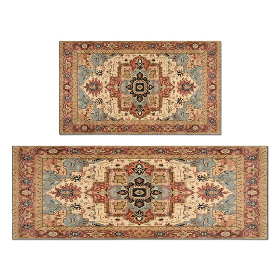 2 Piece Bohemian Farmhouse Orange Vintage Rug Kitchen Rug Set, Decor Kitchen Rugs, Absorbent Non-Slip Washable Floor Mats, Home Indoor Runner Rugs 17"x47"+17"x30"
