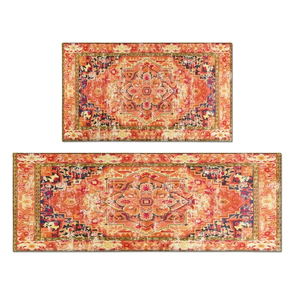 2 Piece Bohemian Farmhouse Orange Vintage Rug Kitchen Rug Set, Decor Kitchen Rugs, Absorbent Non-Slip Washable Floor Mats, Home Indoor Runner Rugs 17"x47"+17"x30"