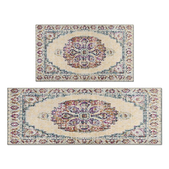 2 Piece Bohemian Light Blue National Design Farmhouse Rug Kitchen Rug Set, Decor Kitchen Rugs, Absorbent Non-Slip Washable Floor Mats, Home Indoor Runner Rugs 17"x47"+17"x30"