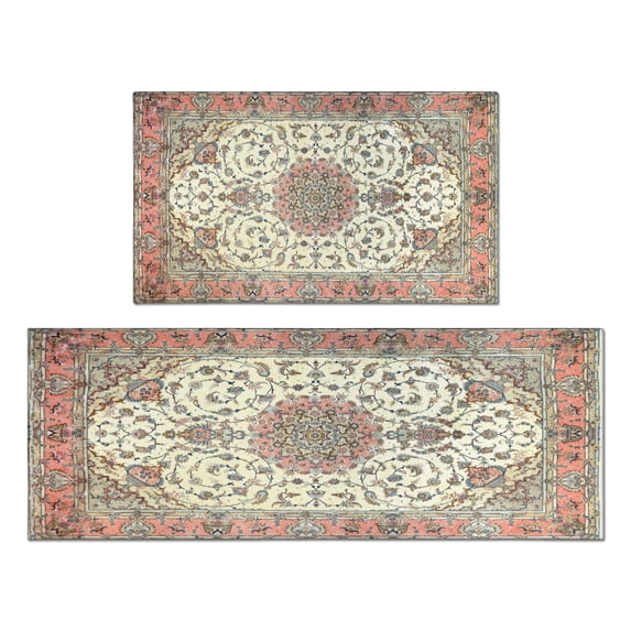 2 Piece Bohemian Light Orange Carpet Rug Kitchen Rug Set, Decor Kitchen Rugs, Absorbent Non-Slip Washable Floor Mats, Home Indoor Runner Rugs 17"x47"+17"x30"