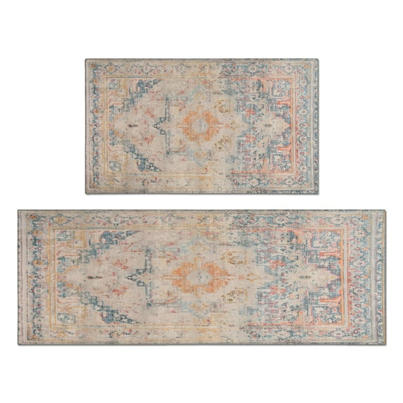 2 Piece Bohemian Light Orange Carpet Rug Kitchen Rug Set, Decor Kitchen Rugs, Absorbent Non-Slip Washable Floor Mats, Home Indoor Runner Rugs 17"x47"+17"x30"