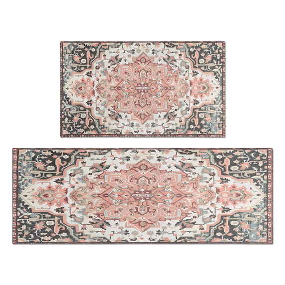 2 Piece Bohemian Light Orange Carpet Rug Kitchen Rug Set, Decor Kitchen Rugs, Absorbent Non-Slip Washable Floor Mats, Home Indoor Runner Rugs 17"x47"+17"x30"