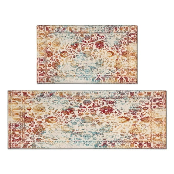 2 Piece Bohemian Light Orange Carpet Rug Kitchen Rug Set, Decor Kitchen Rugs, Absorbent Non-Slip Washable Floor Mats, Home Indoor Runner Rugs 17"x47"+17"x30"