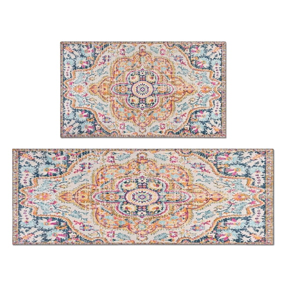 2 Piece Bohemian Light Pink Carpet Rug Kitchen Rug Set, Decor Kitchen Rugs, Absorbent Non-Slip Washable Floor Mats, Home Indoor Runner Rugs 17"x47"+17"x30"