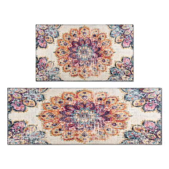 2 Piece Bohemian Light Pink Ethnic Rug Rug Kitchen Rug Set, Decor Kitchen Rugs, Absorbent Non-Slip Washable Floor Mats, Home Indoor Runner Rugs 17"x47"+17"x30"