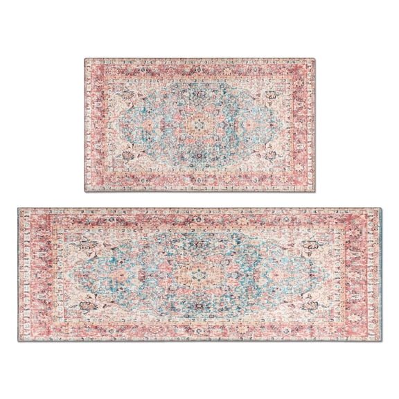 2 Piece Bohemian Light Pink Ethnic Rug Rug Kitchen Rug Set, Decor Kitchen Rugs, Absorbent Non-Slip Washable Floor Mats, Home Indoor Runner Rugs 17"x47"+17"x30"