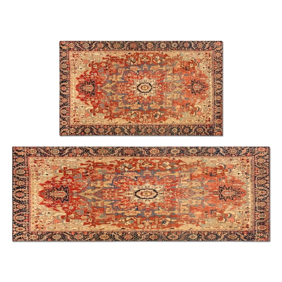 2 Piece Bohemian Orange Carpet Rug Kitchen Rug Set, Decor Kitchen Rugs, Absorbent Non-Slip Washable Floor Mats, Home Indoor Runner Rugs 17"x47"+17"x30"