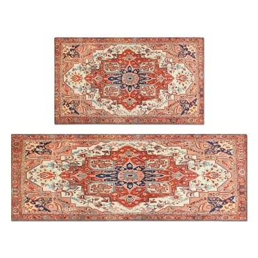2 Piece Bohemian Orange Ethnic Carpet Rug Kitchen Rug Set, Decor Kitchen Rugs, Absorbent Non-Slip Washable Floor Mats, Home Indoor Runner Rugs 17"x47"+17"x30"