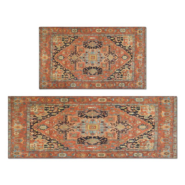 2 Piece Bohemian Orange Ethnic Design Rug Rug Kitchen Rug Set, Decor
