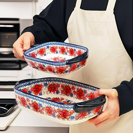 2-Piece Bohemian Porcelain Baking Dishes, 13-Inch Rectangular Baker Set, Oven-Safe Casserole & Pie Pan for Home Chefs