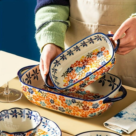 2-Piece Bohemian Porcelain Baking Dishes, 13-Inch Rectangular Baker Set, Oven-Safe Casserole & Pie Pan for Home Chefs