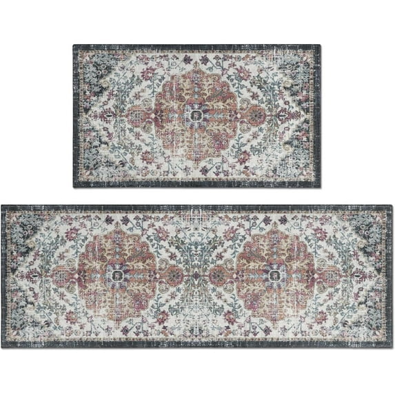 2 Piece Boho Kitchen Decor Rug Set, Vintage Bohemian Floral Rug for Kitchen Laundry Bathroom, Non-Slip Washable Hallway Runner Floor Mat 17x30+17x47 Inch Gray