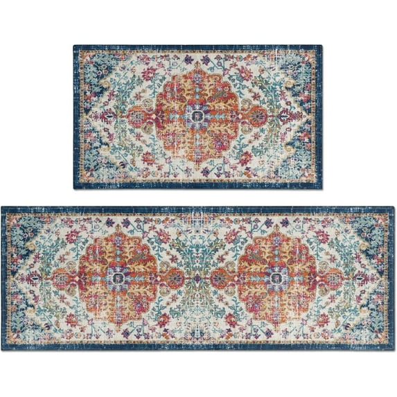 2 Piece Boho Kitchen Decor Rug Set, Vintage Bohemian Floral Rug for Kitchen Laundry Bathroom, Non-Slip Washable Hallway Runner Floor Mat 17x30+17x47 Inch Orange