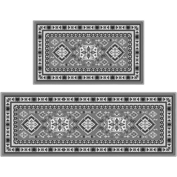 2 Piece Boho Kitchen Decor Rug Set, Vintage Floral Bohemian Kitchen Floor Mats, Non Skid Washable Gray Kitchen Runner Carpet 17"x30"+17"x47" Grey