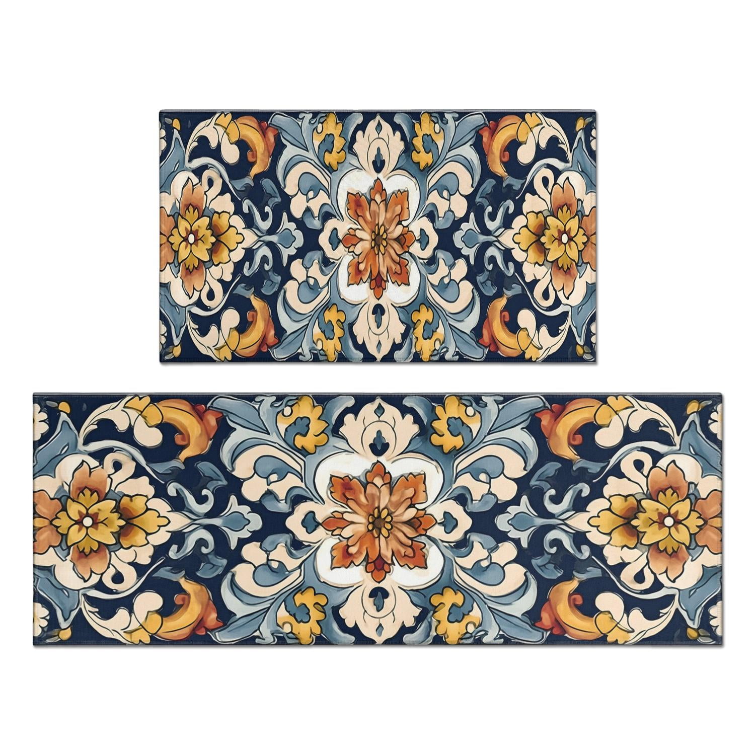 2 Piece Boho Kitchen Rugs Set, 17x29 and 17x47, Farmhouse Bohemian Cushioned NonSkid Washable