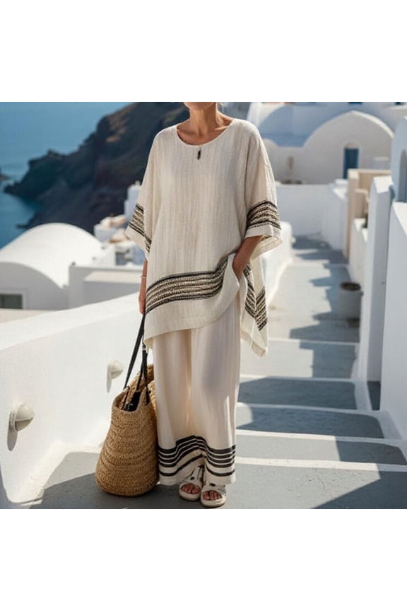 2 Piece Boho Linen Outfit Womens Round Neck Tunic Blouse Tops Stripe Wide Leg Pants Loose Casual Vacation Wear Black S