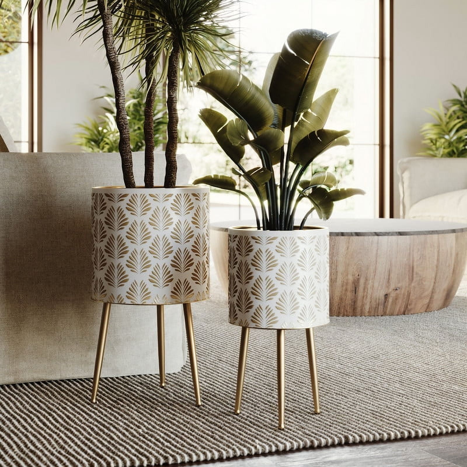 2-Piece Boho Metal Planter Pot With 3-Leg Gold Metal Base - White & Gold - 20"H x 10.5"W / 15.75"H x 8.5"W