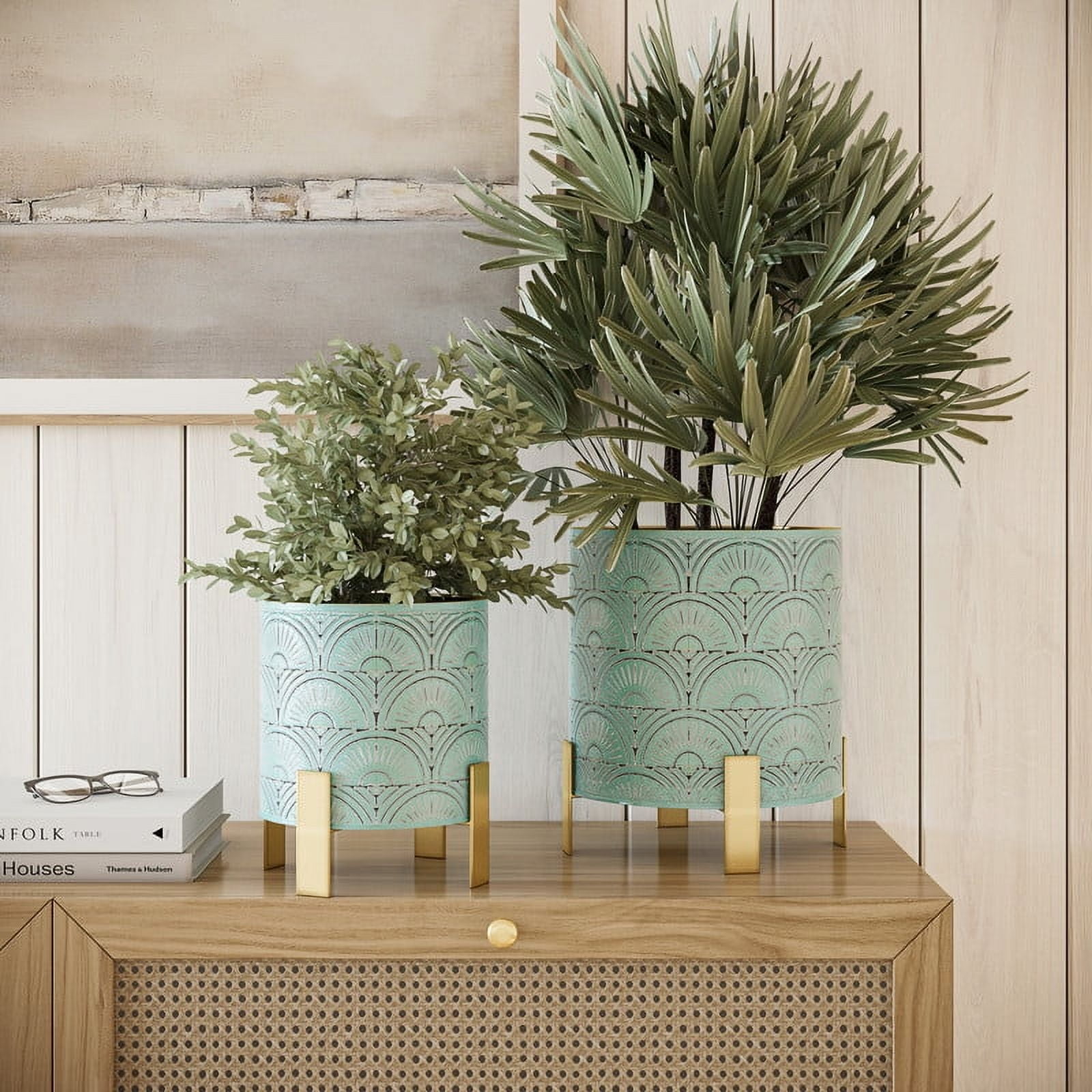 2-Piece Boho Metal Planter Pot With 4-Leg Gold Metal Base - Blue-Green - 12"H x 11"W / 10"H x 9"W