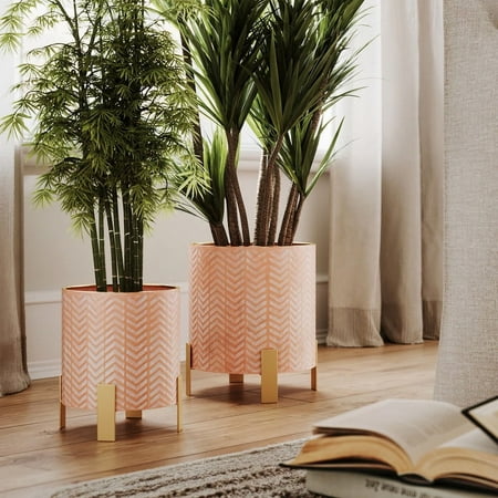2-Piece Boho Metal Planter Pot With 4-Leg Gold Metal Base - Terracotta Color - 12"H x 11"W / 10"H x 9"W