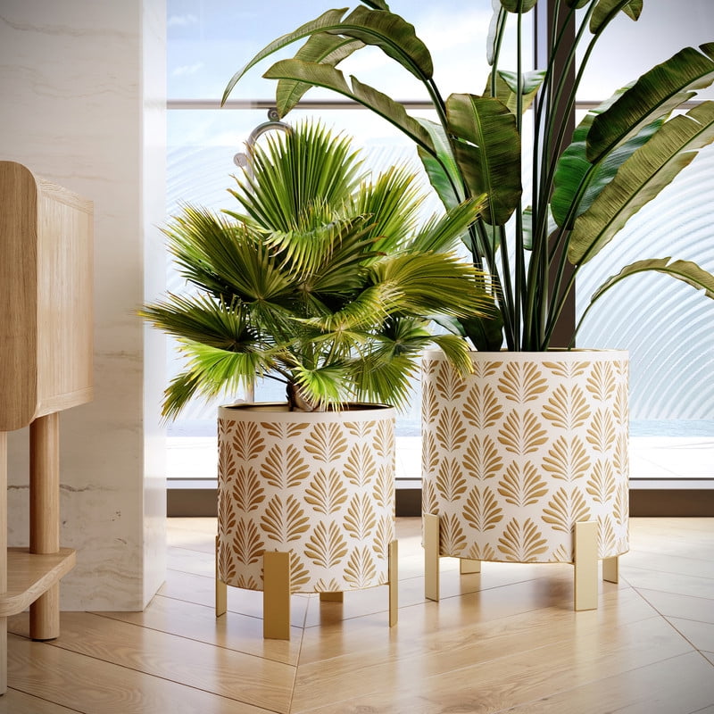 2-Piece Boho Metal Planter Pot With 4-Leg Gold Metal Base - White & Gold - 12"H x 11"W / 10"H x 9"W