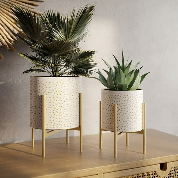 2-Piece Boho Metal Planter Pot With 4-Leg Gold Metal Base - White & Gold - 14.75"H x 11.75"W / 12"H x 9.5"W