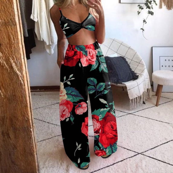 2 Piece Boho Vacation Outfits Sets for Women Casual Graphic Sleeveless Camis Tops Loose Wide Leg Elastic Waist Pants