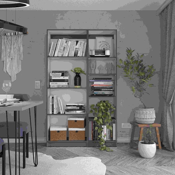 2 Piece Bookcase Set Living Room Storage, 42 Wide 9 Shelves Matt Gray/White Particle Board